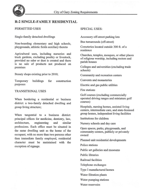 City of Gary Zoning Requirements - R-2 Single-Family Residential Permitted Uses
